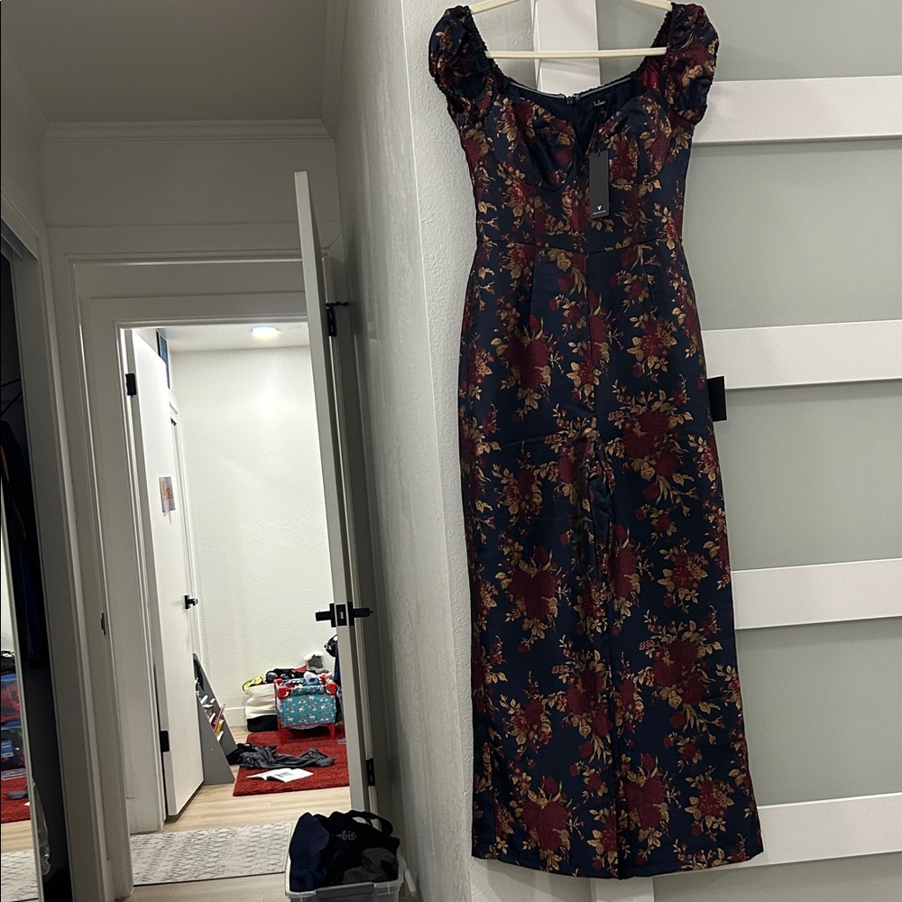 Lulu's Navy and Burgundy Floral jumpsuit